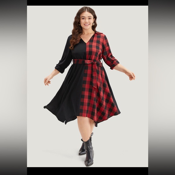 Women’s BLOOMCHIC Red Black Plaid Patchwork Belted Hanky Hem Dress - Picture 1 of 8